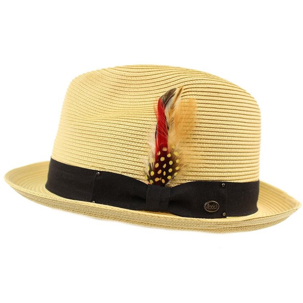 Men's Light Removable Feather Derby Fedora Wide Curled Brim Hat - Natural - CI17YQRKZOL