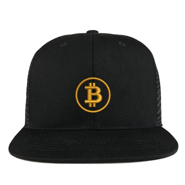 Trendy Apparel Shop Bitcoin Embroidered Cotton Flat Bill Mesh Back Trucker Cap - Black - CY185YHQAZR