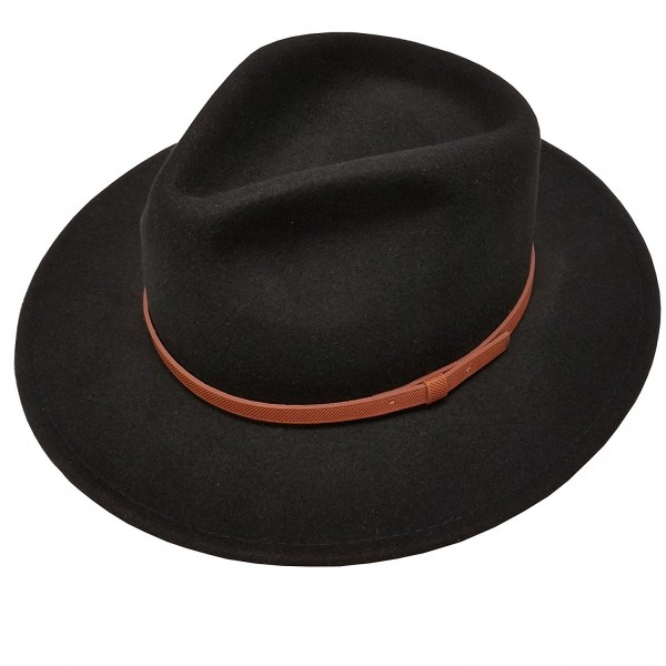Men's 100% Crush-able Wool Felt Outback Leather Band Wide Fedora Hats With Gift Box - Black - C212N8TH5OF