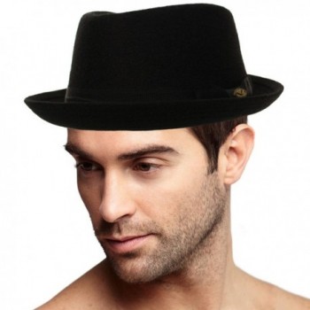 Men's Winter 100% Wool Porkpie Derby Fedora Trilby Ribbon Solid Hat - Black - CX1863S2AAZ