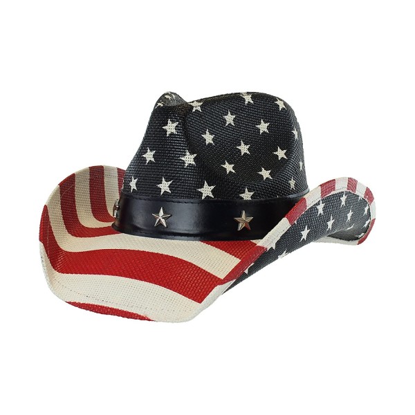 USA Shapeable Brim Cowboy Hat w/ Vegan Leather Stars & Stripes Band- Patriotic - C0125R49JY3