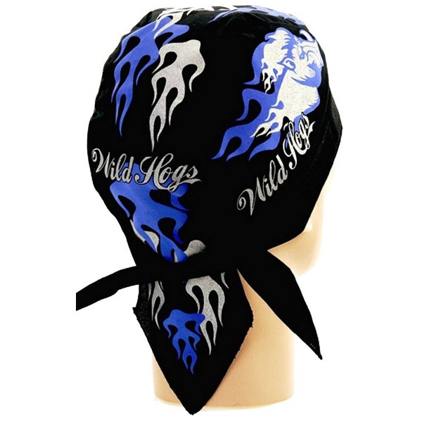 Skull Cap Biker Caps Doo Rags - Wild Hogs Blue & Silver w/ Flames on Black - CX12ELHM8HH