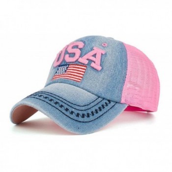 YAKER Washed Denim American Flag Embroidered Operator Cap Baseball Hat - Mesh Pink - CF1856ASR6Q