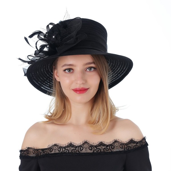 Dantiya Ladies Kentucky Derby Hat Tea Party Church Wide Brim Floral Organza Wedding Beach Summer Hat - Black - CZ189IRQODA