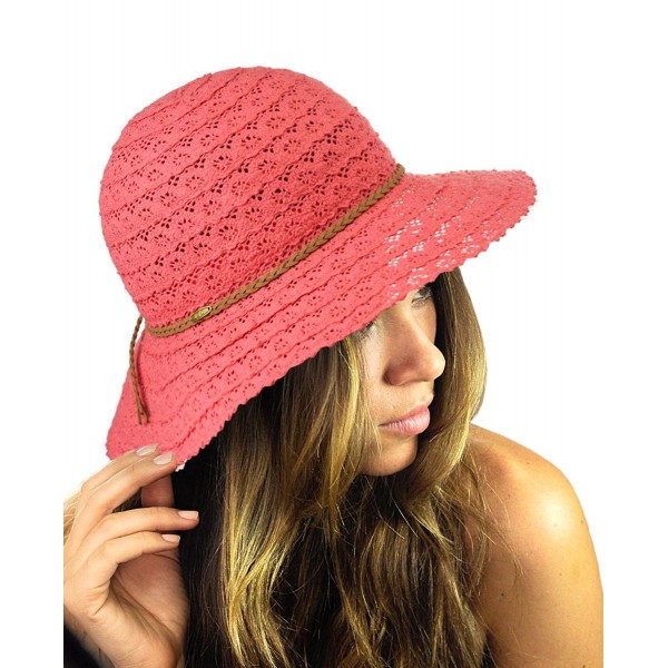 NYFASHION101 Open Knit Brown Braided Trim Vented Cotton Beach Sun Hat - Coral - C512G6LB8O5