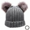 Women's Winter Chunky Knit Double Pom Pom Beanie Hat With Hair Tie. - Charcoal - C112MPZMWL9