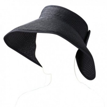 Aerusi Women's Straw Wide Brim Bowknot Floppy Roll-up Visor Summer Beach Sun Hat - Black - CM12GYNC119