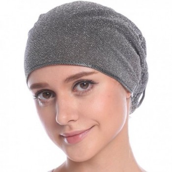 Ababalaya Women's Elegant Strench Gold Glitter Flower Muslim Turban Chemo Cap - Silver - CM17Z7CO5G9