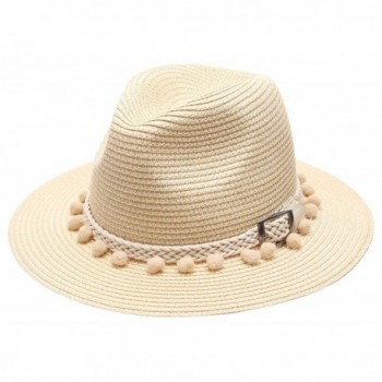 MIRMARU Women's Summer Panama Style Mid Brim Beach Sun Straw Hat With Pom Pom Belt Band. - Beige - C417YI7UQWQ