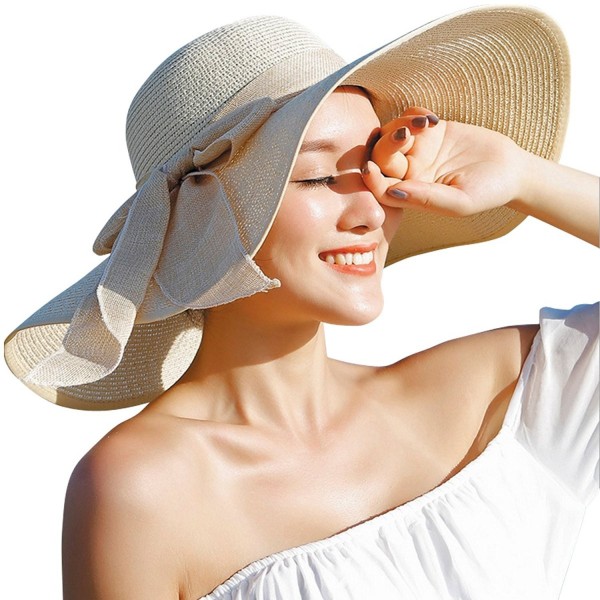 Lanzom Womens Big Bowknot Straw Hat Floppy Foldable Roll up Beach Cap Sun Hat UPF 50+ - Beige - C117YNRYKN7