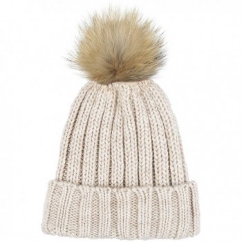 Lilax Knit Faux Fur Pom Pom Thick Ribbed Soft Warm Beanie Hat - Beige - CD12MRCD6D3