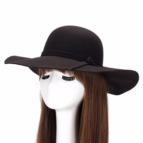 Qingsun Fashipn Women's Vintage Large Wide Brim Wool Felt Floppy Winter Fedora Cloche Hat Cap(Black) - Black - CR12N8TB63V