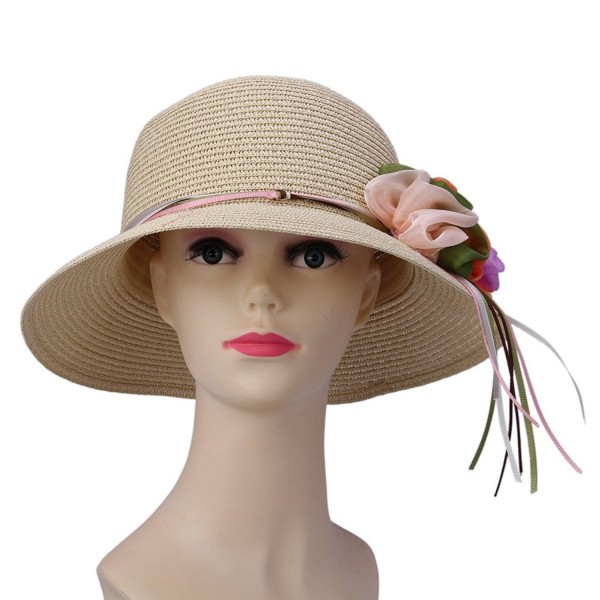 JTC Lady Beach Straw Sun Hat Bowler Cap with Chiffon Bow Visor Brimmed 5Colors - Cream - CD11KOKU5CB