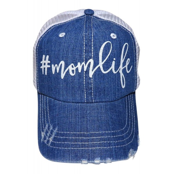 White Glitter MomLife Distressed Torn Look Denim Trucker Cap Hat - Blue Denim Front - C417XXOZOYT