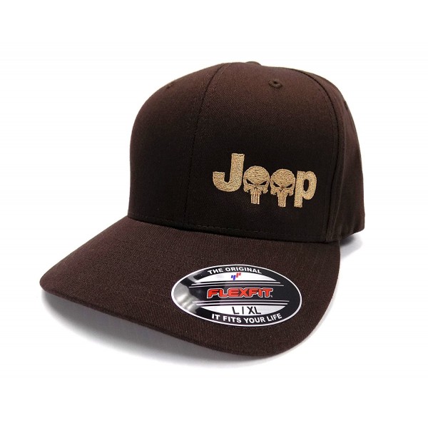 Jeep Logo With Punisher Skull Symbol Left Panel Embroidered Flexfit Twill Cap - Brown/Tan - CE12IJW8315