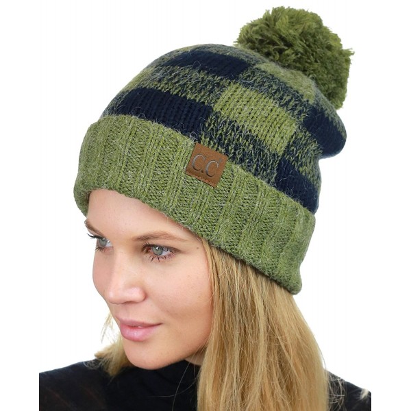 C.C Soft Stretch Pom Pom Fuzzy Lined Buffalo Plaid Cuff Beanie Hat - Olive/Navy - C3187C3ZG37