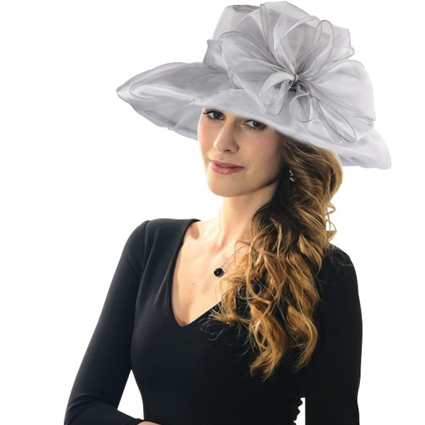 ICSTH Womens Organza Kentucky Derby Church Party Floral Wide Brim Summer Hat - Grey - CJ12FMUAGYN