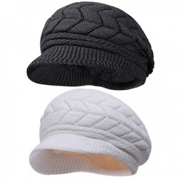 Women Lady Braided Warm Cabled Knit Winter Beanie Crochet Hats Newsboy Caps 2-pack (Black+White) - CQ129B3VKAL