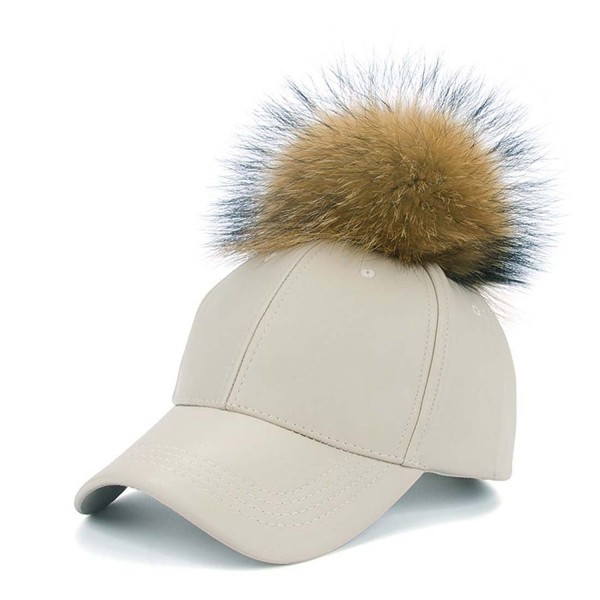 White Faux Leather Baseball Hat With Faux Fur Pom Pom 
