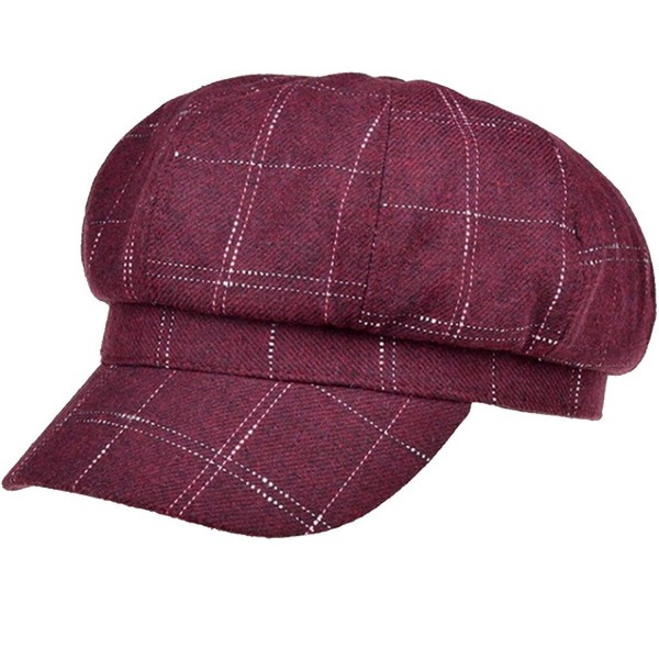 Lerben Women's Soft Classic Plaid Wool Blend Peaked Beret Cap Newsboy Flat Caps - Wine Red - C212M5AU5B7