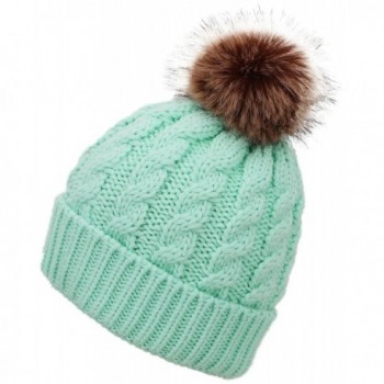Men & Women's Winter Cable Knit Faux Fur Pom Pom Foldable Cuff Beanie Hat - Light Green - CD186U8MW37