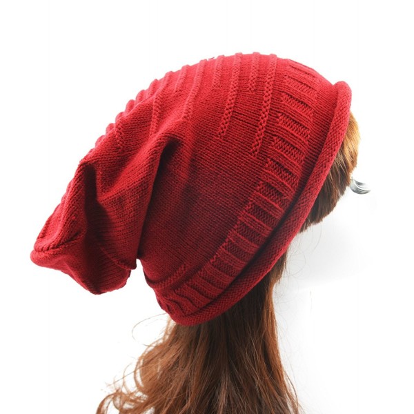 Slouchy Beanie Knitted Headwear Oversized - Knitted Red - CZ186MEHNNG