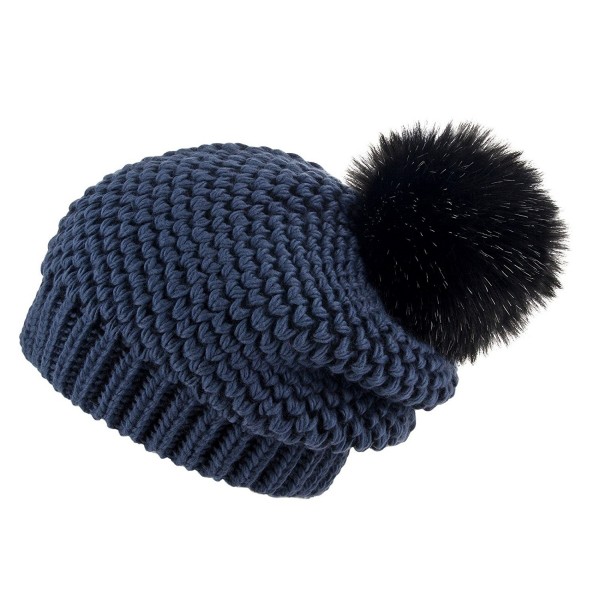 Futrzane Women's Winter Slouchy Oversize Beanie Pom Pom Knit Hat - Navy Blue - Mole - CI1887K6LOC