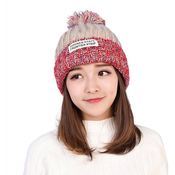 Smilelve Womens Beanie Hats With Pom Pom Rainbow Knit - Khaki - CY188SY073S