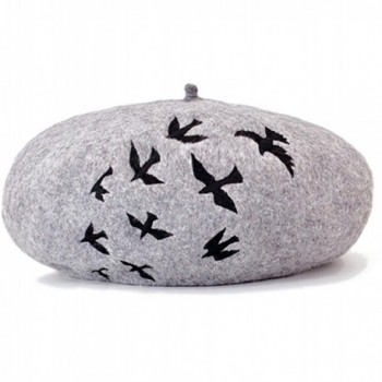 Silky Affection Lady French Beret- Beanie Hat- Beanie Cap- Soft Wool- Handmade - Grey Hat With Black Birds - CK17YEGO3MU