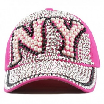 The Hat Depot 200h4514 New York Beaded Rhinestone Baseball Cap - 3colors - Fuchsia - CO12D488U8Z