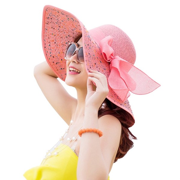 Itopfox Women's Folable Floppy Hat Big Bowknot Straw Hat Wide Brim Beach 50+ UPF Sun Hat - Pink - CB183G6RYRT