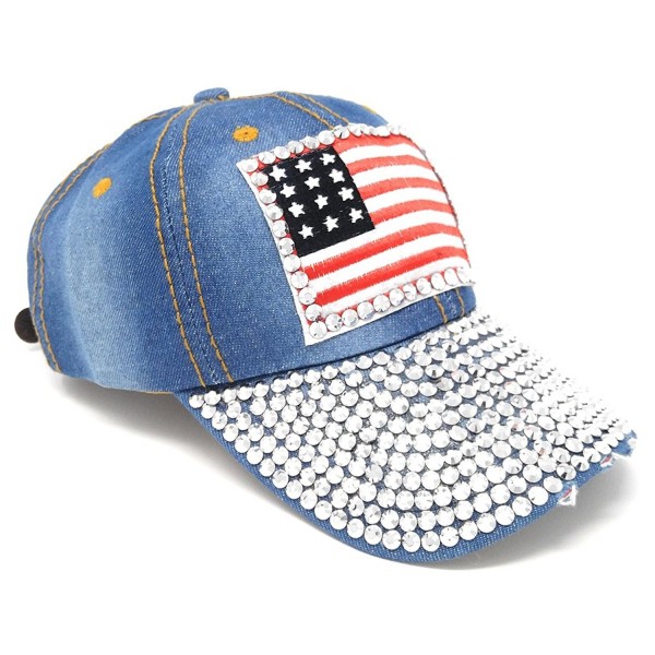 USA Washed Denim Baseball Hat- Rhinestone Studded American Flag Adjustable Cap - Light Wash - C0122K4AEZZ