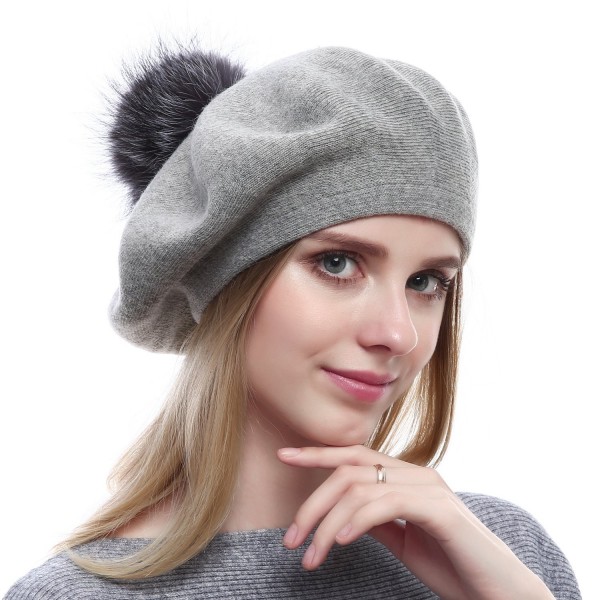 Women Wool Beret - Real Silver Fox Fur Pom Pom Beanies Winter Knit Cashmere Hats - Soft Grey - C21867Y83UX