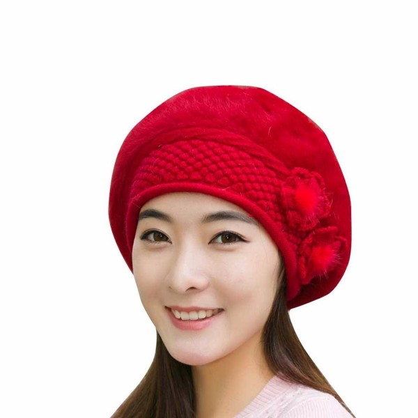 Fiaya Womens Solid Color Knitting Wool Beret Hat - Red - C2187CHOHU5