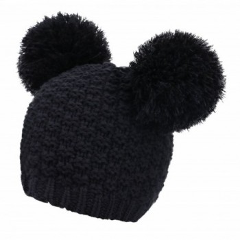 Livingston Women's Winter Chunky Knit Beanie Hat w/Double Pompom Ears - Black - CB12OCUMH6Q