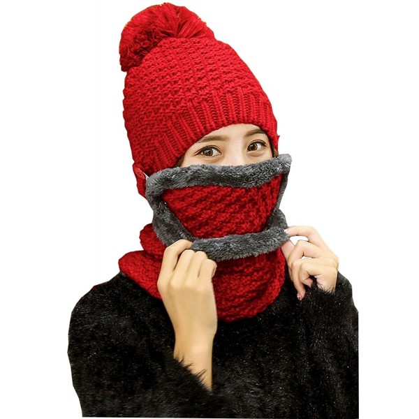 FeelMeStyle Women's Winter Knit Hat Crochet Ski Cap Pom Pom Ears Cold-proof Hat - 002-red - C9187CHKDHQ