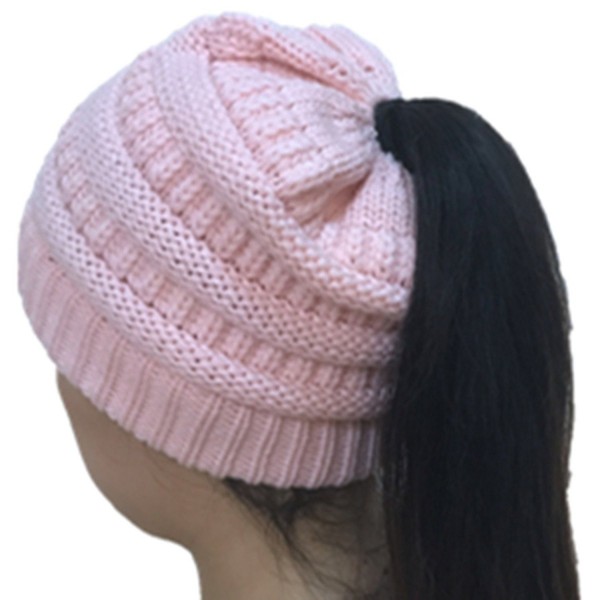 E-Papaya Clearance Fashion Women Knit Thick Warm Ponytail Hole Beanie Hat Cap (Black/White) - Pink - C6187ZEH7Z3