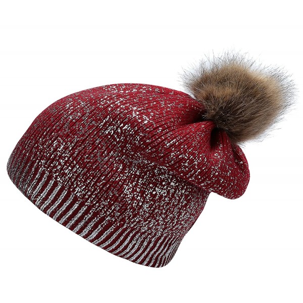 Jugofar Thick Sparkly Knit Hat Metallic Shine Faux Fur Pom Pom Slouch Beanie Hats - Burgundy Silver - CK1863G5UT4