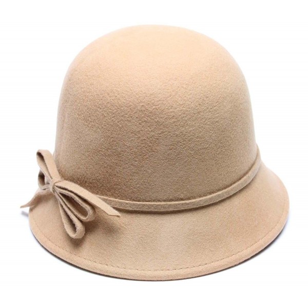 Mary Wool Bucket Hat with Bow Vintage Cloche Flapper Tea Party Derby Church - Tan - CU12MZ5A76P
