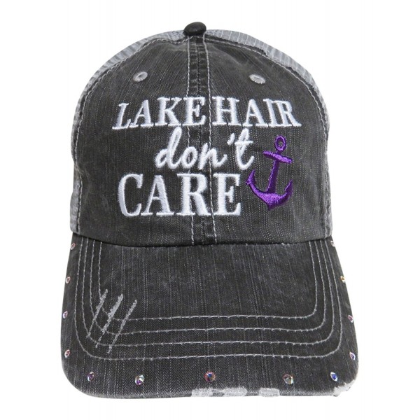 Embroidered "Lake Hair Don't Care" Washed Out Grey Trucker Cap Hat w/Swarovski Crystals - Purple Anchor - C812J309Q5T