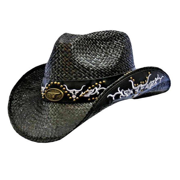 Black Cowboy Hat With Longhorn Western Hatband - C4115SSFKUV