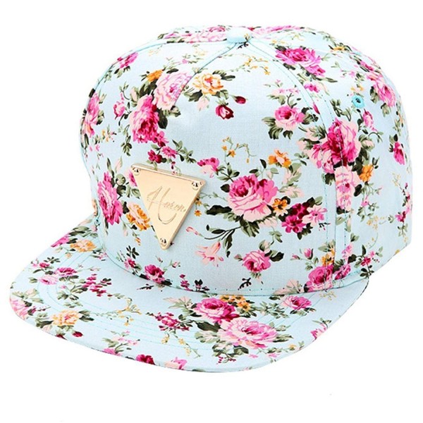 Womens Floral Flower Snapback Hip-Hop Hat Flatbill Fitted Peaked Adjustable Baseball Cap - Blue - CK126LRT6N9