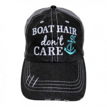 Embroidered Boat Hair Don't Care Distressed Look Grey Trucker Cap Hat - Mint Anchor - CI12OCX97FB