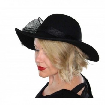 Evelyn Wool Bucket Hat Wide Brim Vintage Cloche Flapper Tea Party Church with Flower - Black - CY12MY6U8F8