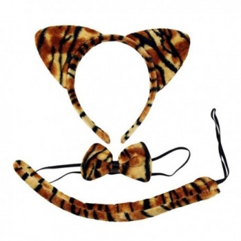 Furry Tiger Cat Ears Bow Tie Tail Golden Brown & Black Fancy Dress Up Set - CY12N83PE4O