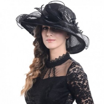 Women Corrugated Church Wide Brim Dress Hat With Rose Accent - Black ...