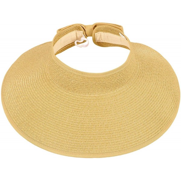 TAUT Women's Roll up Wide Brim Straw Hat Visor With Bow - Beige - CN123GYXFWN