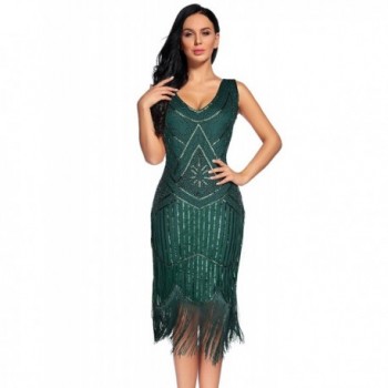 Flapper Girl Women's Vintage 1920s Sequin Beaded Tassels Hem Flapper Dress - Blackish Green - CI188E50952