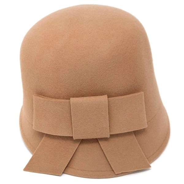 MWS Vintage Wool Felt Round Cloche Hat- Winter Bucket Cap With Bowknot- Adjustable - Beige - C9186NTW54N