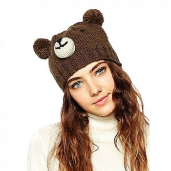 PERSUN Womens Brown Cute Bear Pom Pom Bobble Beanie Hat - CO1855IOYGS